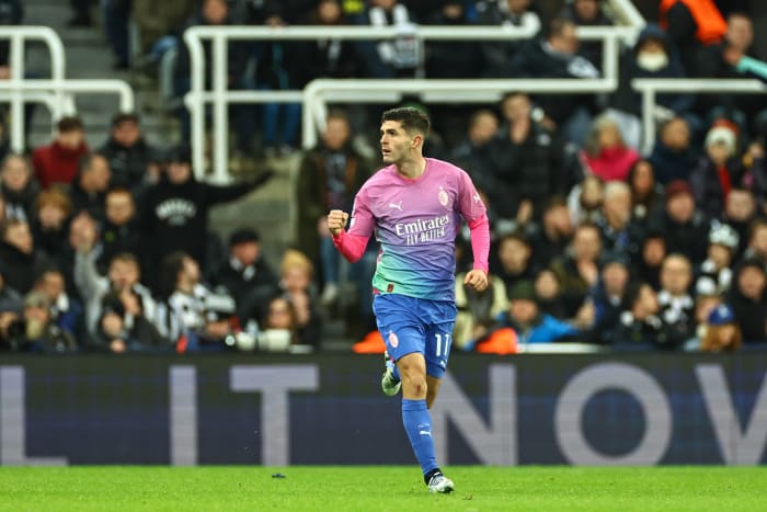 Christian Pulisic pictured celebrating after scoring for AC Milan in a 2-1 win at Newcastle United in December 2023